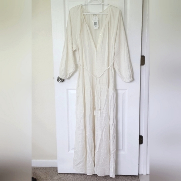 L*Space Button Up Duster Maxi Dress Semi-Sheer Beach Cover Up in Cream Plaid - Picture 5 of 7